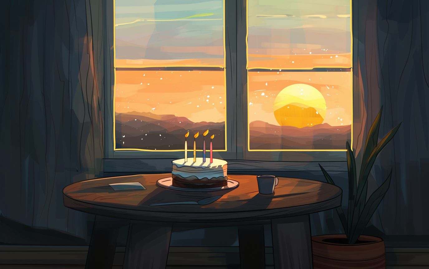 A birthday cake at sunset